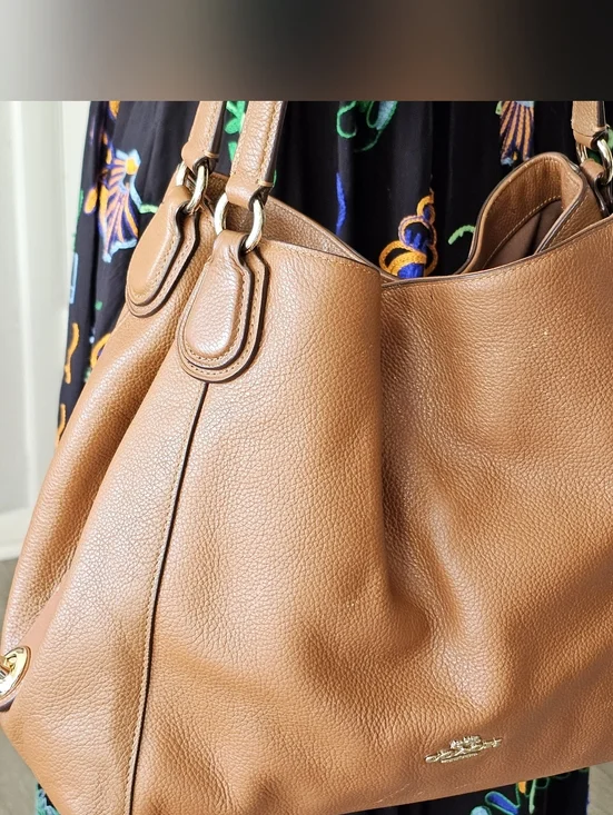 COACH Edie 31 Light Saddle Refined Pebbled Leather Shoulder Handbag. Brown - Picture 10 of 12